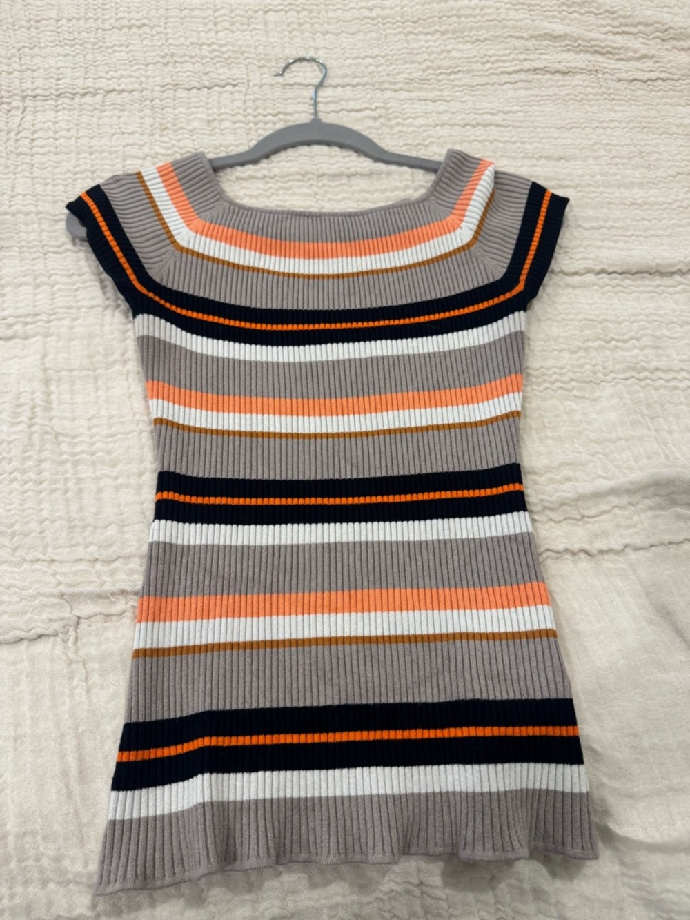 H&M Taupe Ribbed Top with Orange, White & Navy Stripes